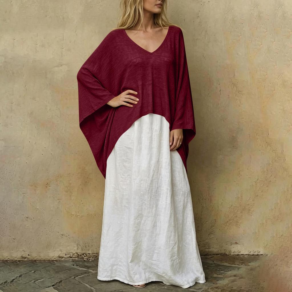 Women's Color V-Neck Long Sleeve Cape Top and Loose Fit Dress Two-Piece Set