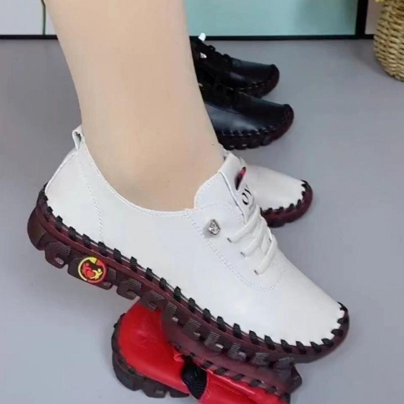 Real Soft Leather Single Shoes Comfortable Flat-soled Lace-up Mother Shoes Wide Fat Feet Cow Tendon Sole Soft Sole Soft Surface Middle-aged Large Size