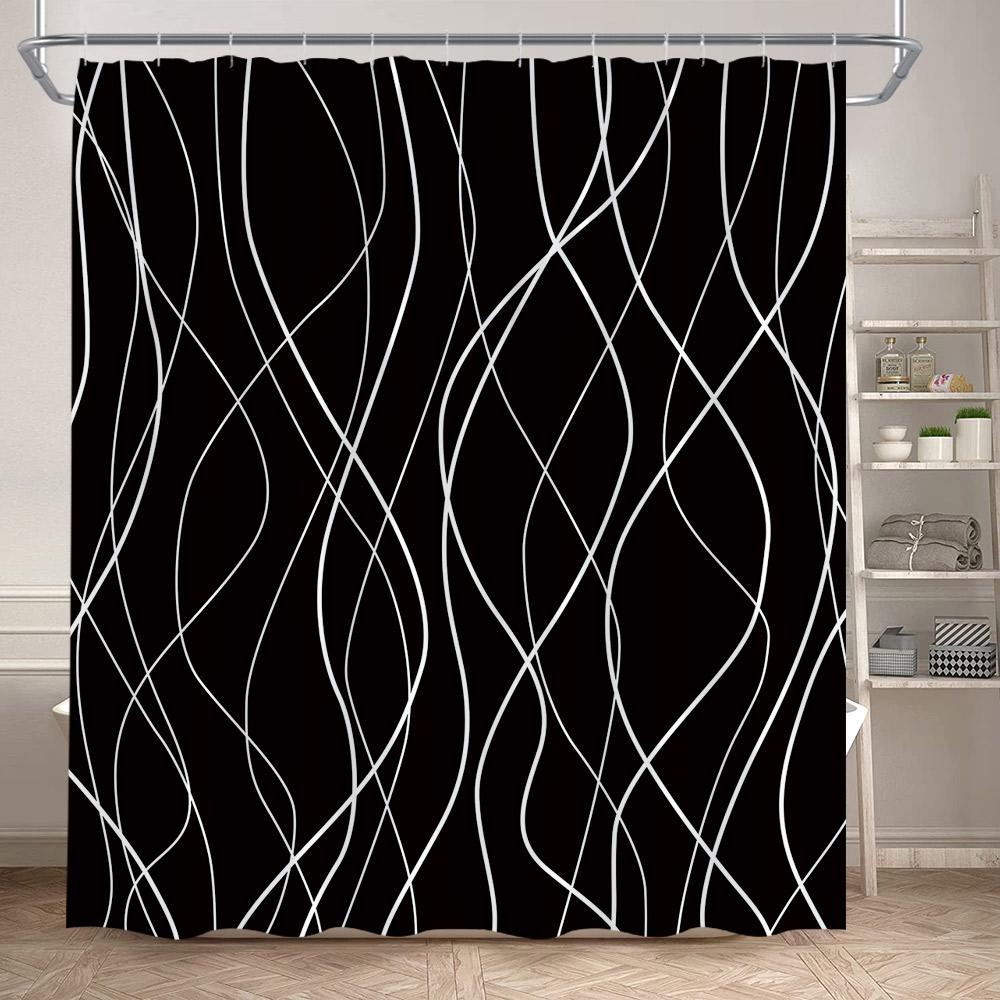 Black Striped Shower Curtains Modern Minimalism Lines Art Polyester Fabric Bathroom Bathtub Decor Bath Curtain Set With Hooks