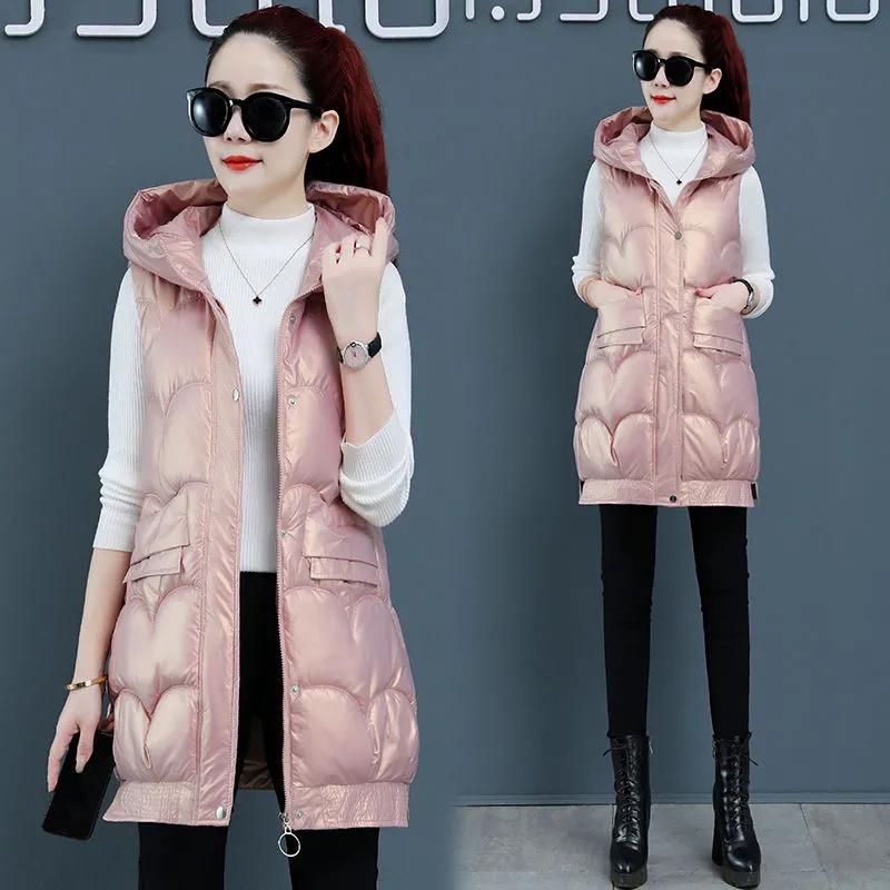 Damer Høst og Vinter Mellomlang Lett Vaskefri Blank Kåpe Ensfarget Hette Yttertøy Vester