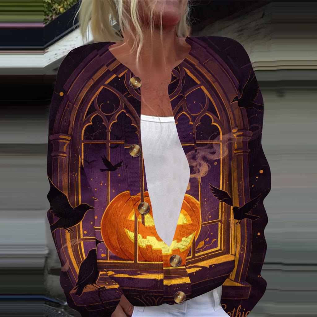 Womens Halloween Print Long Sleeve Knit Cardigan Button Up Sweater Coat Lightweight Casual Outerwear for Fall and Winter