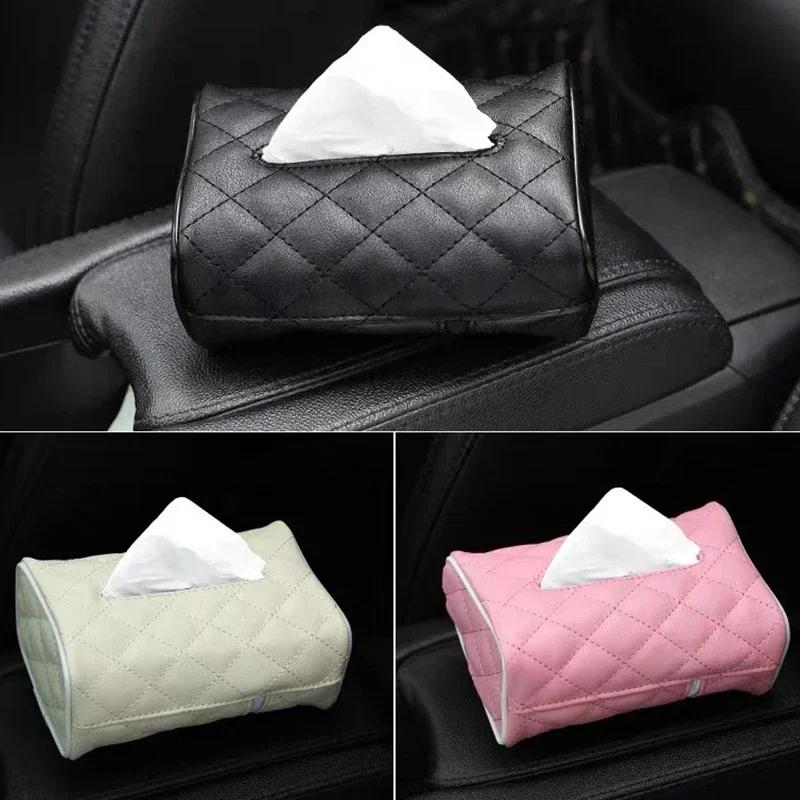 Solid Color Checkered Leather Wear-Resistant Tissue Box Car Seat Back Sunshade Hanging Tissue-Bag Buckle Strap Easy Installation