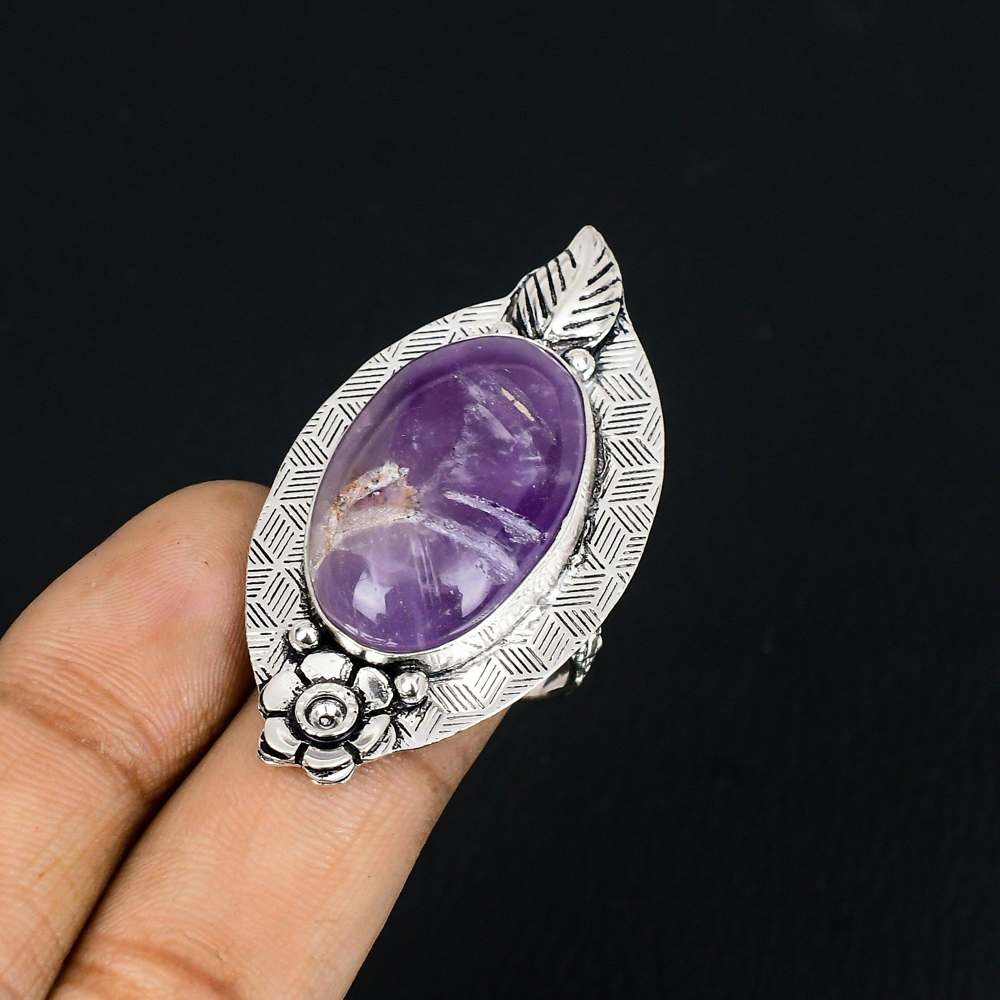 Star Amethyst Gemstone Sterling Silver Flower Wife Promise Ring Jewelry Size 7.5 7.5