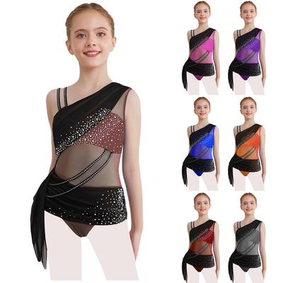 Dívčí lyrické taneční šaty, barevný blokový design, průsvitná síťovina, řasený přehoz, asymetrické, třpytivé kamínky