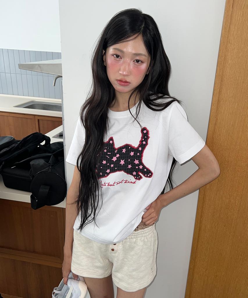 LMR Star Dot Cat Applique Short Sleeve T-Shirt White