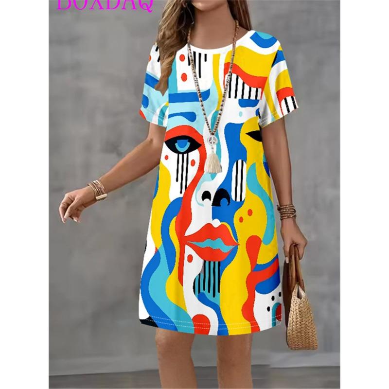 Künstlerisches Porträt von Gesichtsmustern Damenkleider Lässig bedruckt Minikleid Damen Sommer Locker Kurzarm A-Linien-Kleid Neu