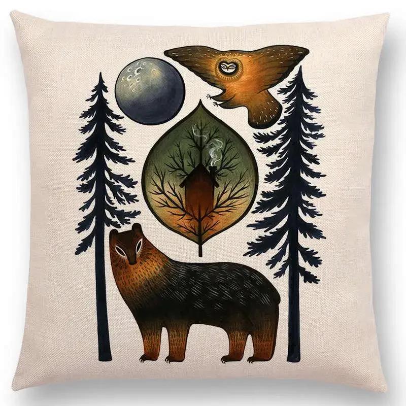 Retro Mystery Watercolor Art Totem Sofa Pillow Case Animals Deer Bear Bird Fish Fox Owl Snake Rabbit Heron Bee Cushion Cover