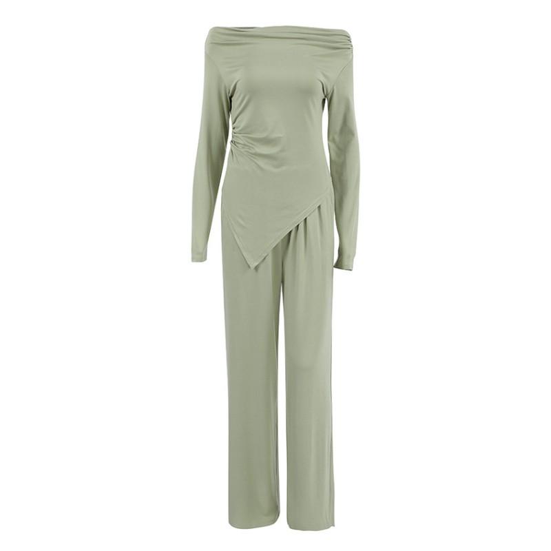 Womens One-neck Knit 2 Piece Set Solid Color Long Sleeve Top Pants Slim Fit Casual Outfit
