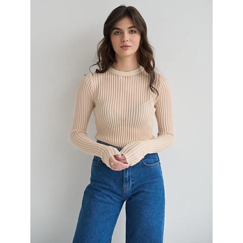 Women's Skeleton Knit Spring Autumn Sexy Slim Round Neck Long Sleeve Thin Pit Stripe Knit Sweater