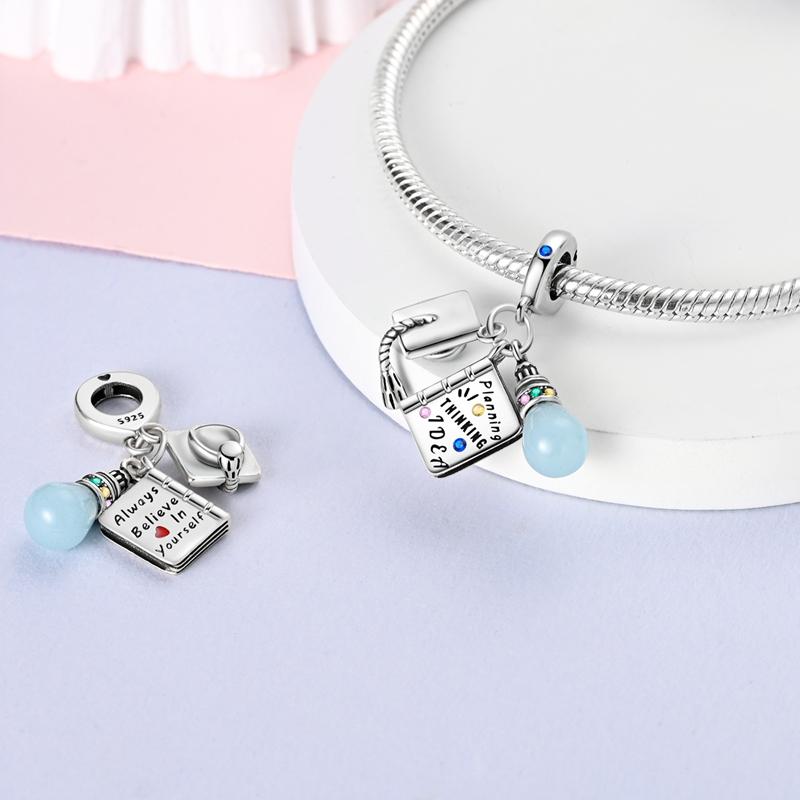 Charms Plata Light Bulb, Book, Doctoral Cap Pendants Fit Original Bracelets Charms For Women Jewelry Diy Making Gifts
