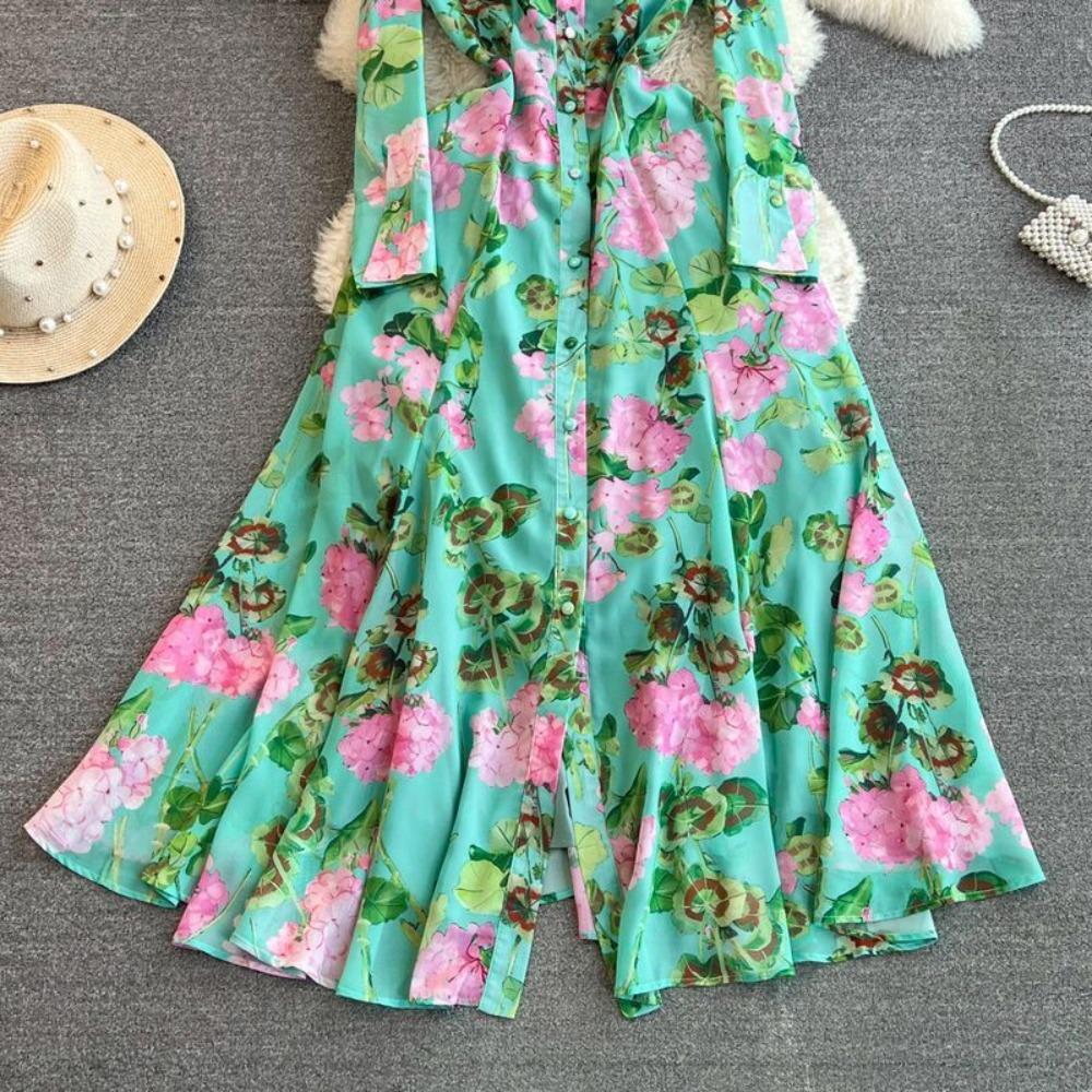 Women's Collared Long Sleeve Maxi Dress High Waist Floral Print Shirt Dress