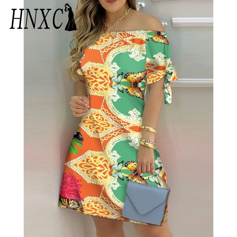 HNXC Women Fashion Off Shoulder Dress Short Sleeve Bow Tie Print Dresses Summer Beach Dresses Plus Size