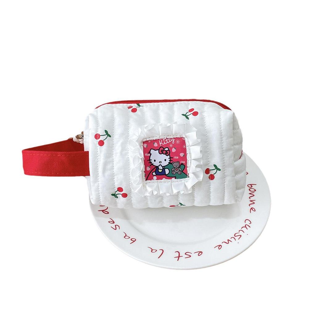 Cherry Patch Kitty Cat Cotton Makeup & Stationery Bag - Cute, Portable Wristlet