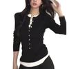 Spring and Autumn Slimming Bottom Shirt Top Korean Fake Two Piece Color Contrasting Long Sleeve T-shirt for Women