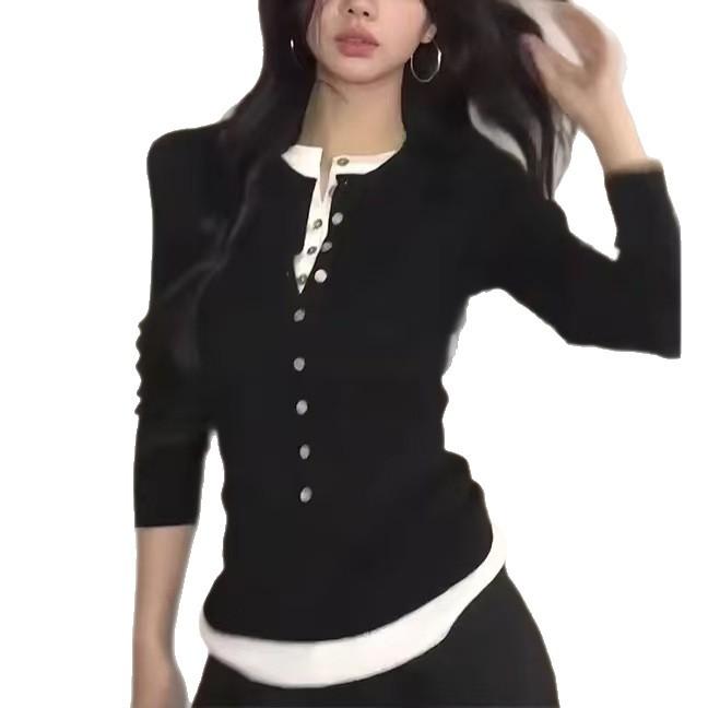 Spring and Autumn Slimming Bottom Shirt Top Korean Fake Two Piece Color Contrasting Long Sleeve T-shirt for Women