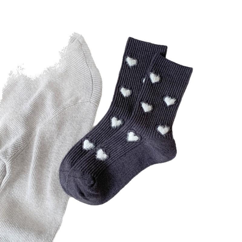 New Flocked Love Imitation Cashmere Socks Vertical Bar Mid-Leg Socks Thickened And Warm, Solid Color Simple Stacked Socks