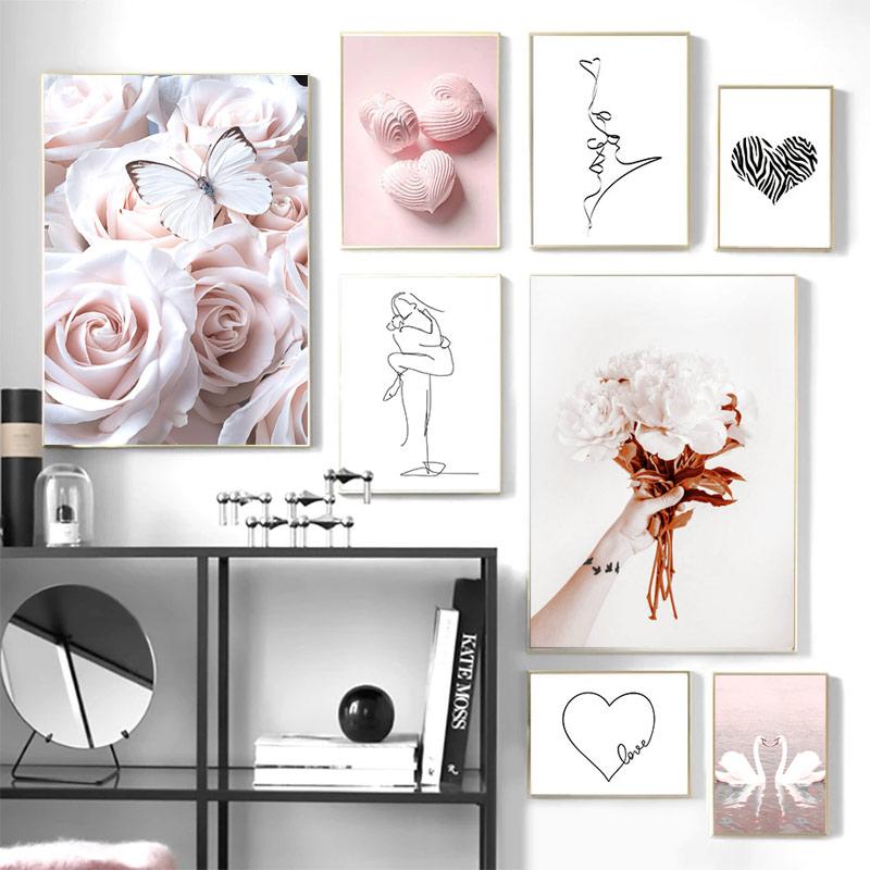

Поцелуй лебедя, сердце, цветок, скандинавское настенное искусство, холст, картина, печать, фотографии, декор для гостиной, линия персонажа, абстрактный постер