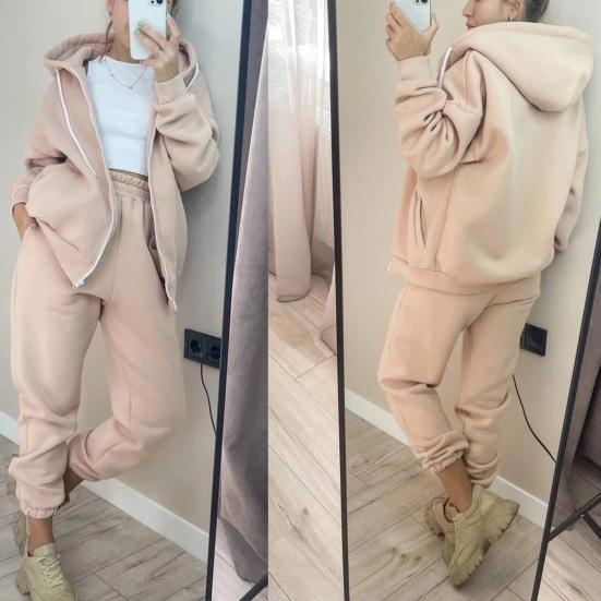 1 set Set de hanorace cu fermoar Plăcuță Trening Pantaloni cu talie elastică Set din două piese Îmbrăcăminte sport Culoare uni Snur