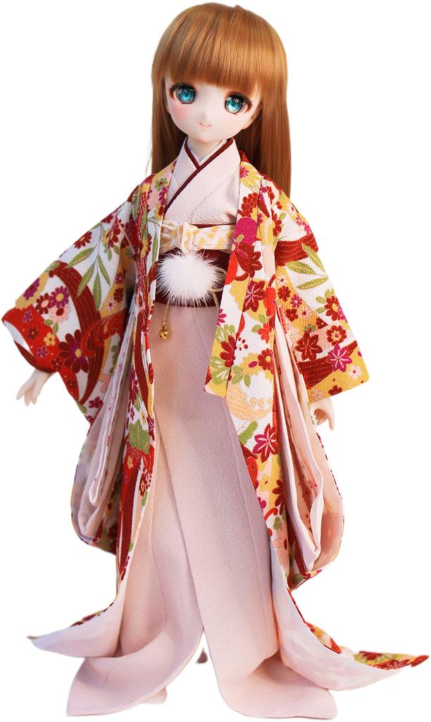 Petite Marie Scale MDD DDP Compatible Formal Kimono Set Two Waist Fur Tabi Wave and Small Floral Pattern Red Japanese Kimono for 40cm BJD Dolls 1/3
