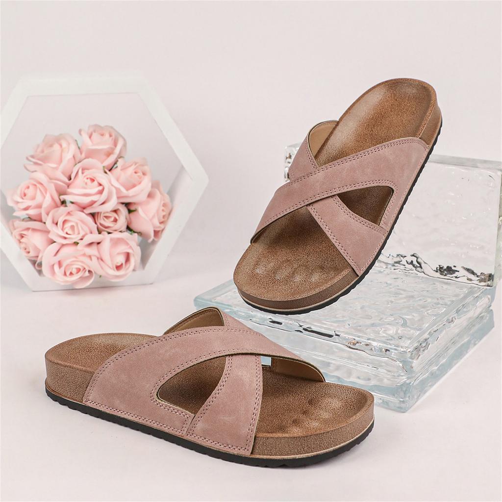 Women's Plus Size Casual Slide Sandals Cross Strap Open Toe Slip On Summer Beach Shoes Comfortable Footbed Lightweight Design