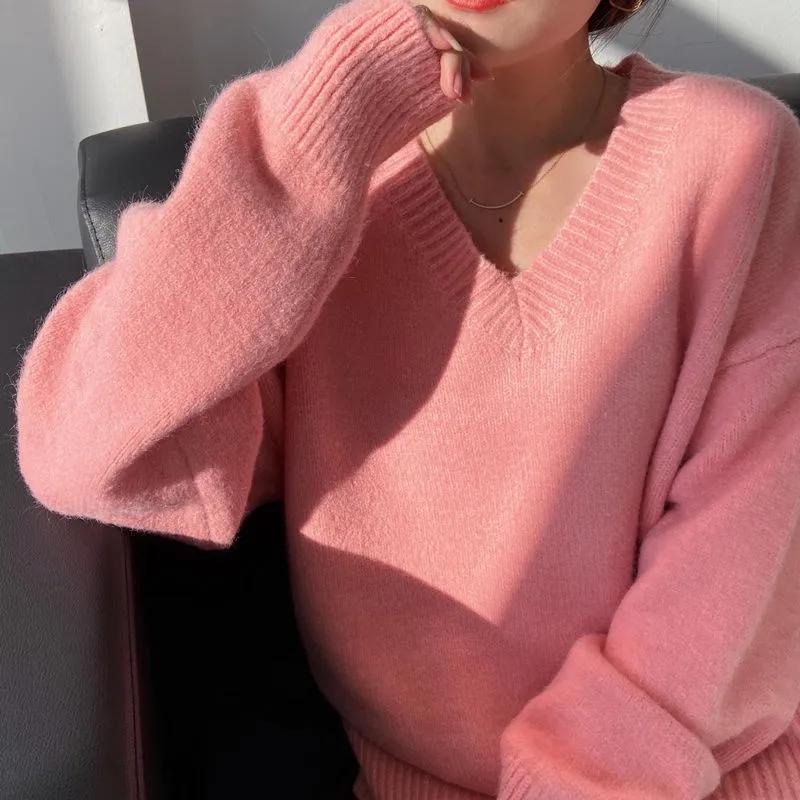 Damen Einfacher V-Ausschnitt Pullover Langarm Strickpullover Elegante Schlanke Passform Kleidung Einfache Lässige Allround-Oberteile