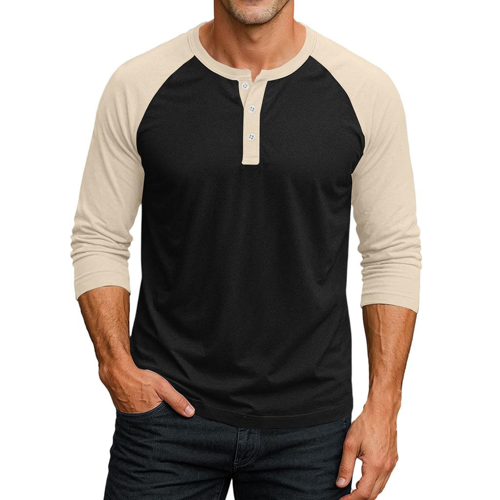 Men's Button-Down Contrast Raglan 3/4 Sleeve Top