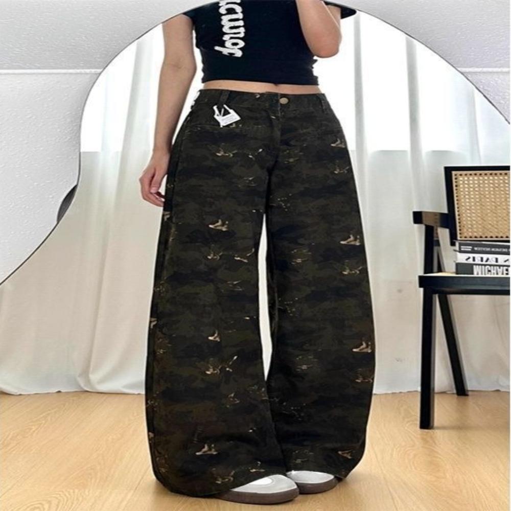 women s High Waisted Camo Print Wide Leg Jeans Loose Straight Leg Vintage Washed Denim Pants S