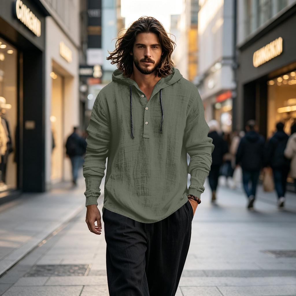 Herren Leinen Baumwolle Kapuzenpullover Langarm Lässig Pullover