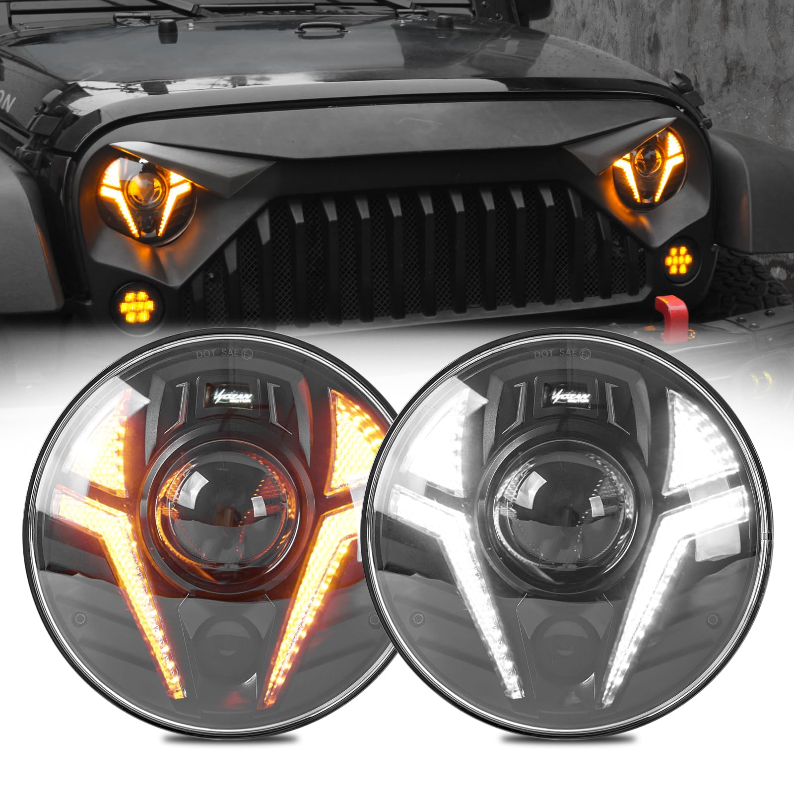 

Motikvans Wrangler LED Headlights with Turn Signals and for Wrangler Toyota FJ and Hummer Vehicle Inspection Set of 2 7-inch DRL, Hi/Lo Switching, JK,