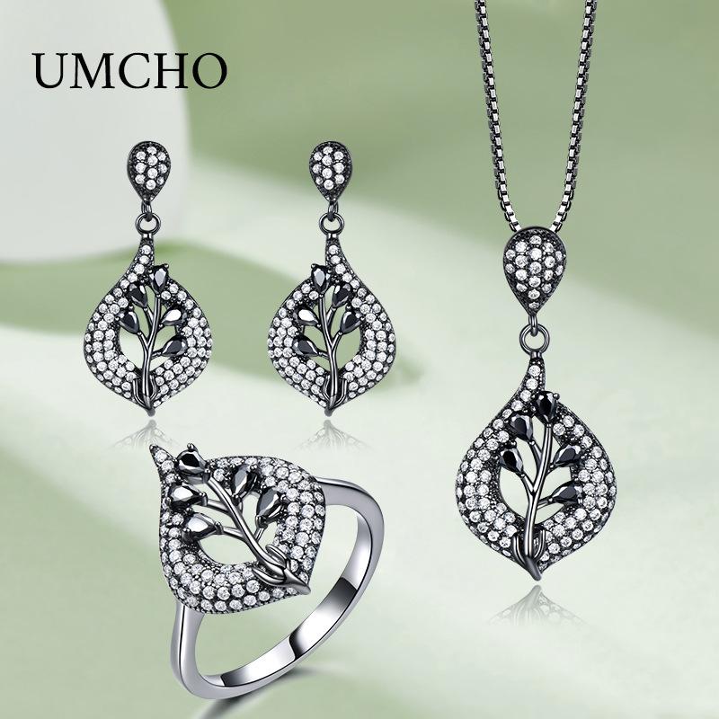 Luxury Black Zircon Jewelry 925 Sliver Cubic Zirconia Jewelry Sets For Women Earrings Pendant Rings