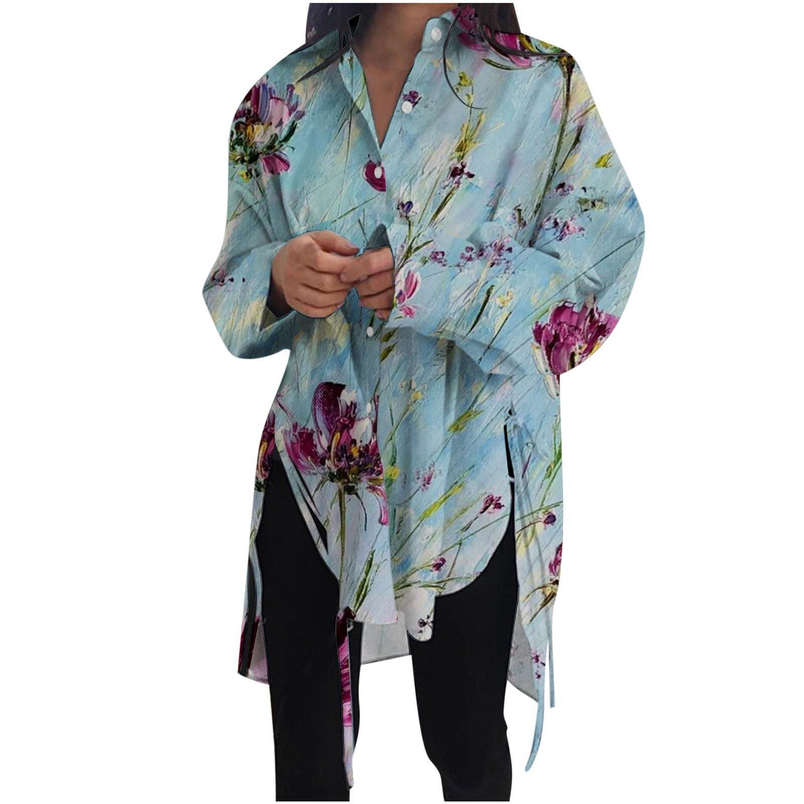 

Модная женская блузка, повседневная рубашка с отложным воротником и длинным рукавом с разрезом подол 5XL