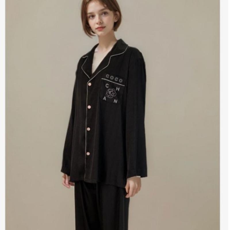 Gentle and Cool Ice Silk Long-sleeved Pajamas Women's Suit Black and White Camellia Spring Loose Women