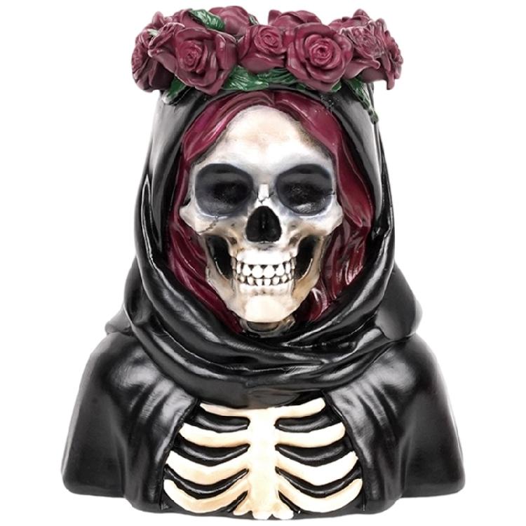 Gothic Skull Sculpture Rose Planter Resins Craft Flower Vases Container For Halloween Party Decors And Home Interior