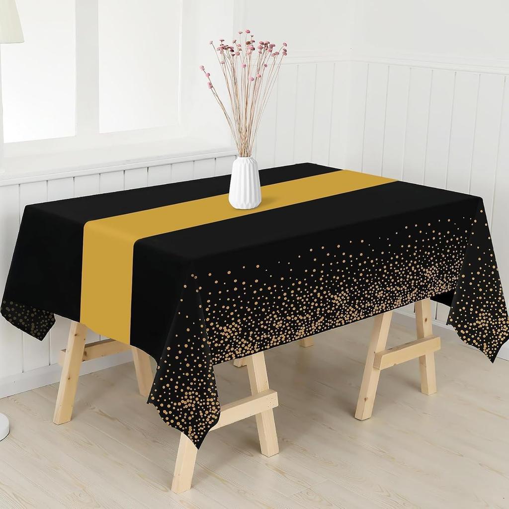 Childom 3 Pack Black and Gold Tablecloths for Events,54"x108" Plastic Table Cloths for Rectangle Tables,Disposable Party Table Covers for New Years