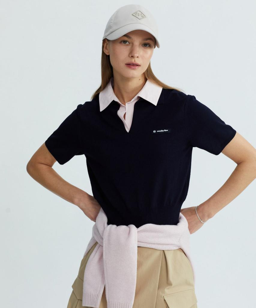 MONDAYFLOW Shirt Layered Knit Top Short Sleeve_Dark Navy