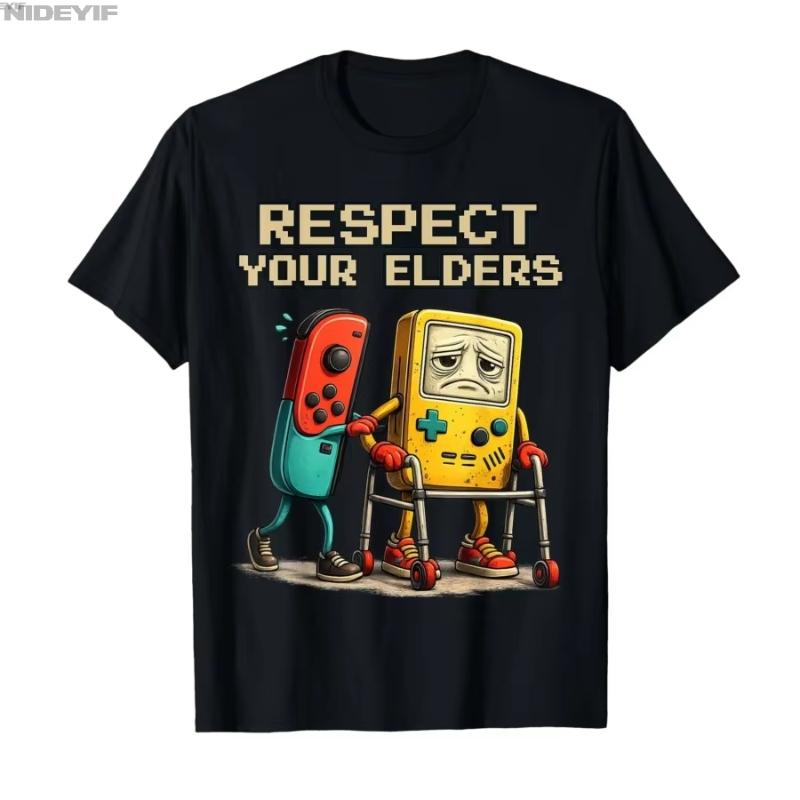 Cotton T Shirts Short Sleeve Tops Respect Your Elders Gaming Control Retro Funny 80s 90s Gamer Tshirt For Unisex Women
