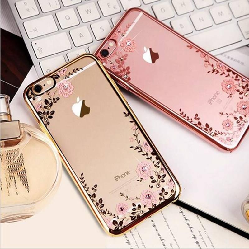 Rose Gold Plating Frame Clear Soft TPU Back Cover Bling Diamond Flower Case For iPhone/Samsung