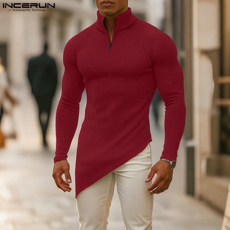 INCERUN Herbst Herren Rollkragen Patchwork Langarm Unregelmäßige Ripp Tops Unterhemden
