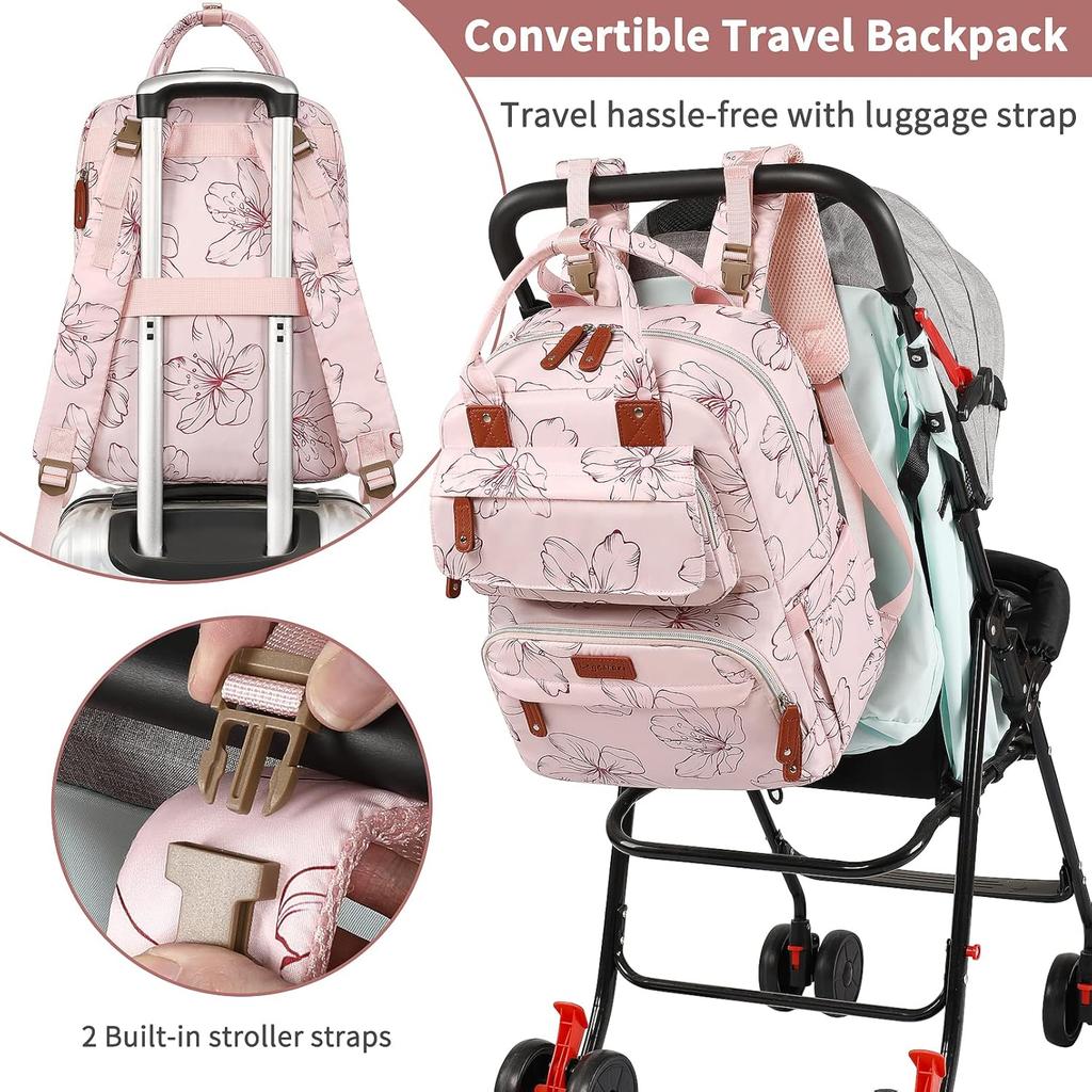 Diaper Bag Backpack, Baby Girl Diaper Bag for Mom, Large Pink Floral Diaper Bag Backpack for Girls, Waterproof Mom Backpack for Work Travel Holiday
