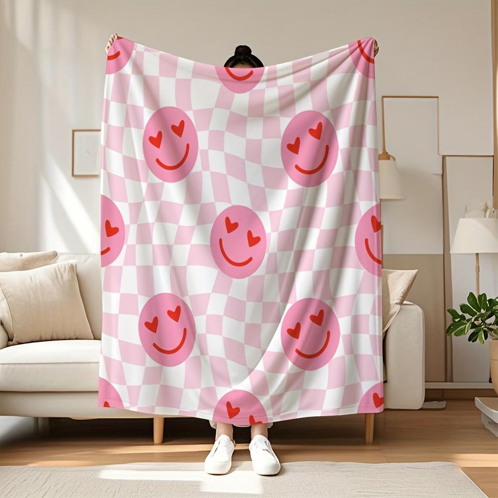 Pink Wavy Checkered Love Smileys Flannel Blanket  Bed Sofa Camping Car  Cinema  Christmas Valentines  Holidays 75x100cm (30x40inch)