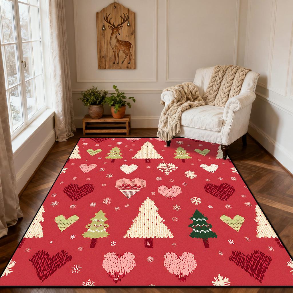 Christmas Style Red Living Room Carpet Christma Tree Decoration Bedroom Fluffy Thickened Rug Indoor Cloakroom Non-slip Floor Mat