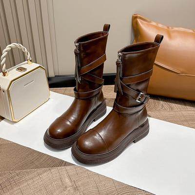 Boots Women's Martin Boots Front Zipper Leather Medium Locomotive Boots Spring and Autumn Short Boots Boots Trend