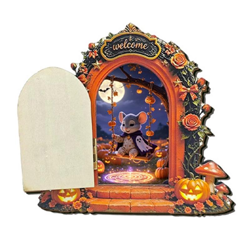 Wooden Indoor Halloween Arched Door Plaque Two Layer Sign with Round Adhesive Mounts for Party Entry Accent Use