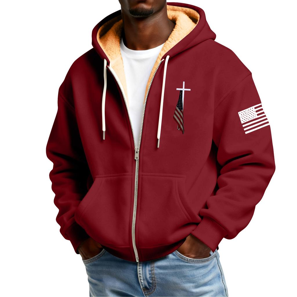 Men's Flag Print Fleece-Lined Zip-Up Pocket Hooded Sweatshirt Cardigan Men's Casual Sweatshirt Cardigan