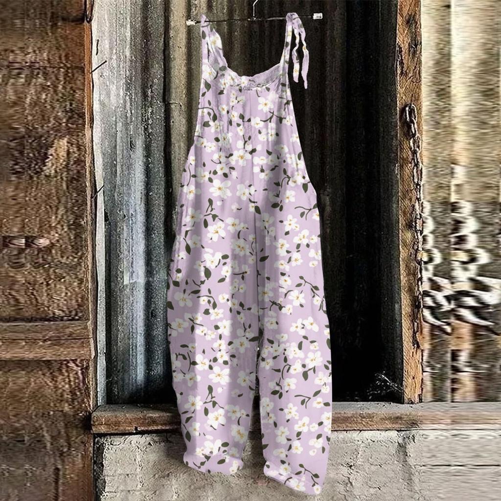 Women's Jumpsuit  Print Casual Loose Vintage Shoulder Strap Cotton Linen
