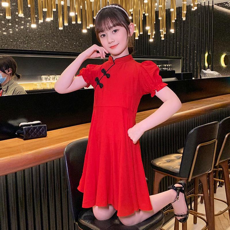 Letní dívčí čcheongsam: Čínský styl červené retro výkonové šaty