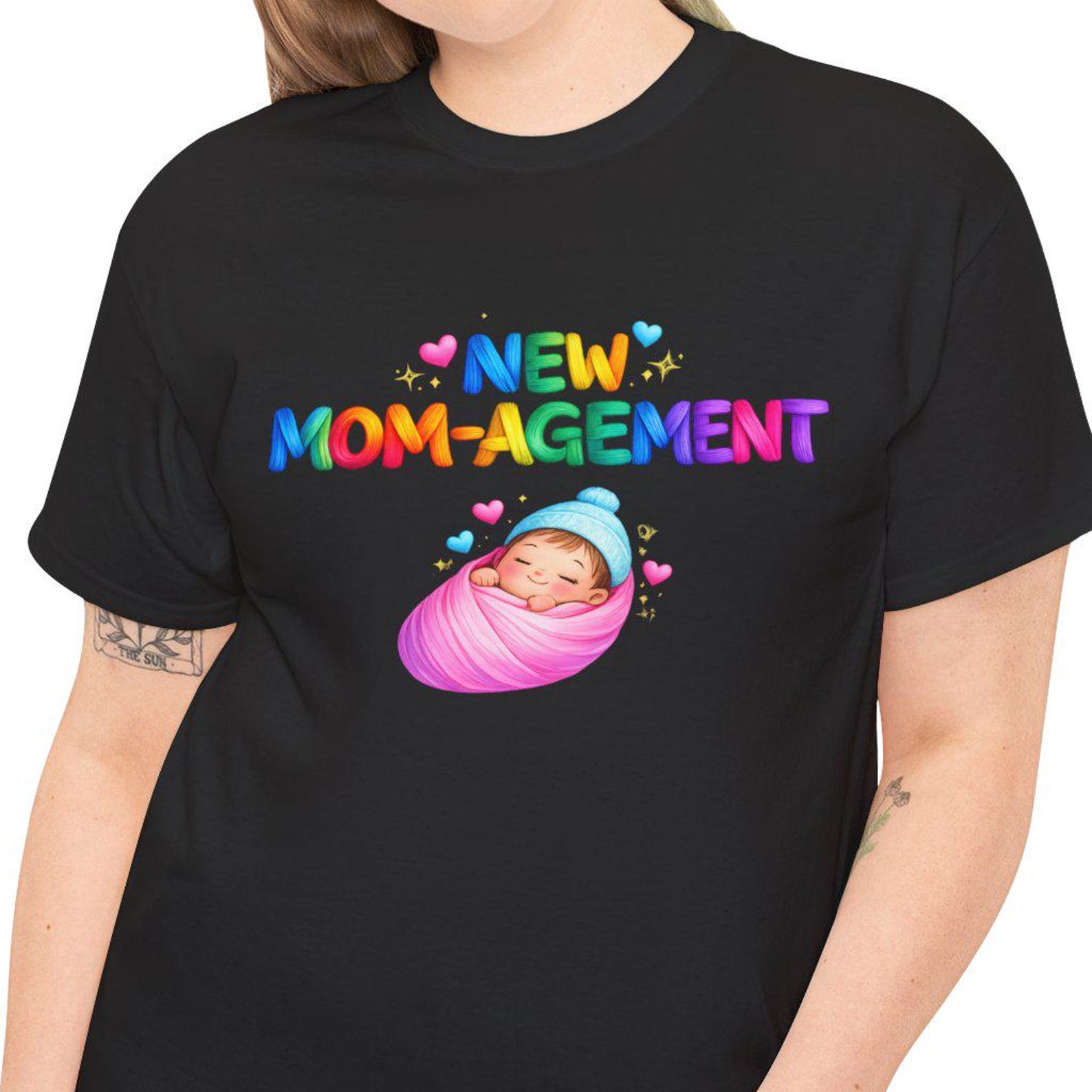 New Mom-agement baby graphic Tee | newborn mom shirt, colorful swaddled baby design M