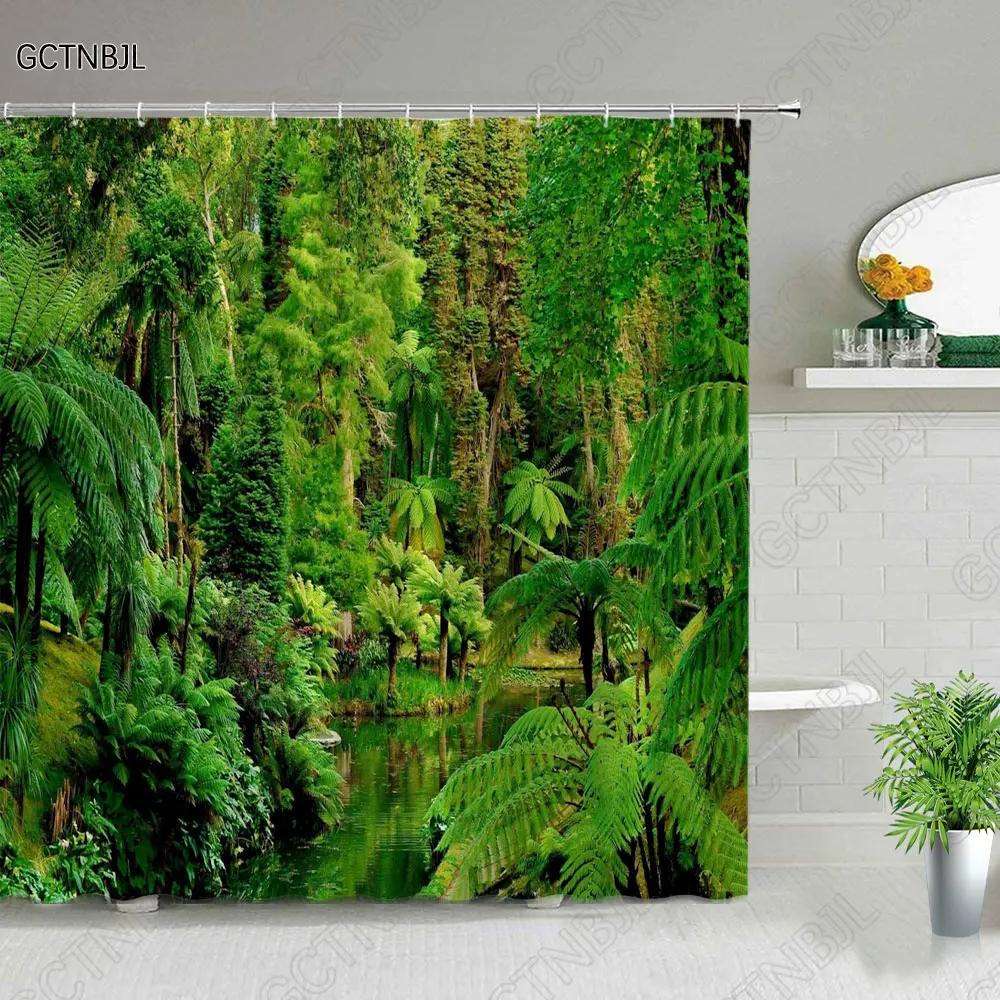 Modern 3D Printing Green Plant Tree Scenery Shower Curtains Forest Bamboo Landscape Bath Curtain Set For Bathroom Decor Cloth