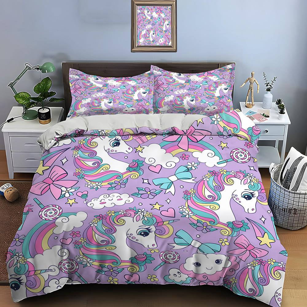 3pcs Dreamy Unicorn and Pink Bow Print Bedding Set 1 Duvet Cover 2 Pillowcases for Adult and Children Luxury Gift Full Size