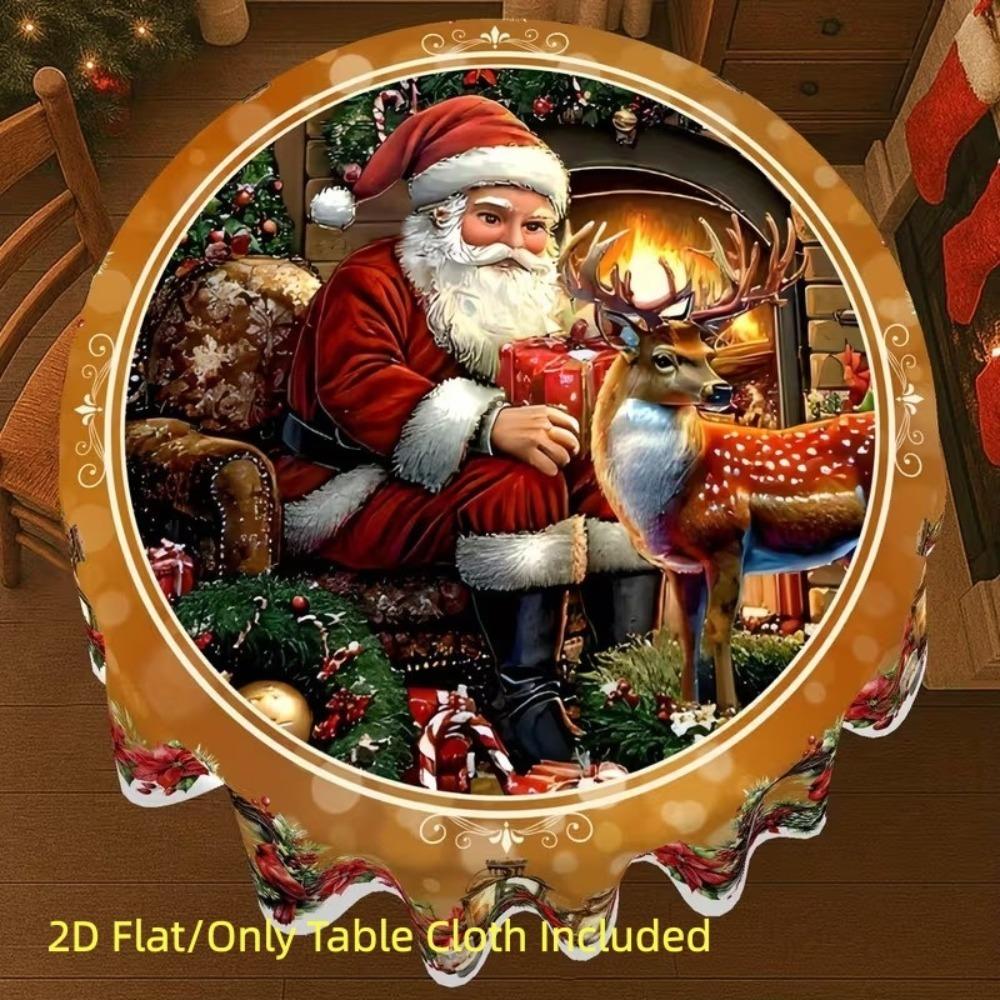 Waterproof 2D Flat Tablecloth Red Green Contrast Color Stain-resistant Christmas Round Tablecloth Non-slip Candy Stripe